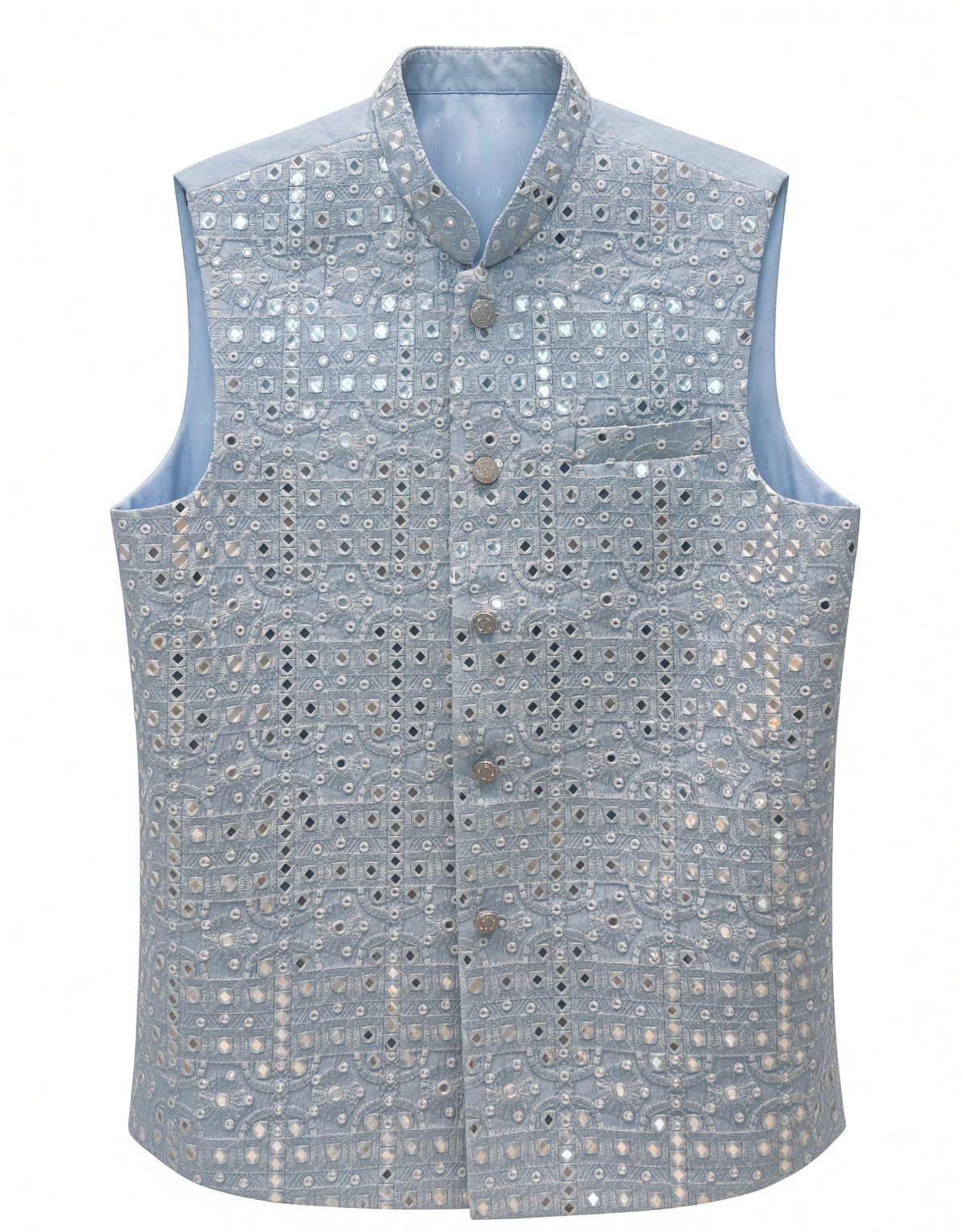 Sabhyashree Men's Powder Blue Silk Mirror Work Bandi Jacket SS-BD-1018