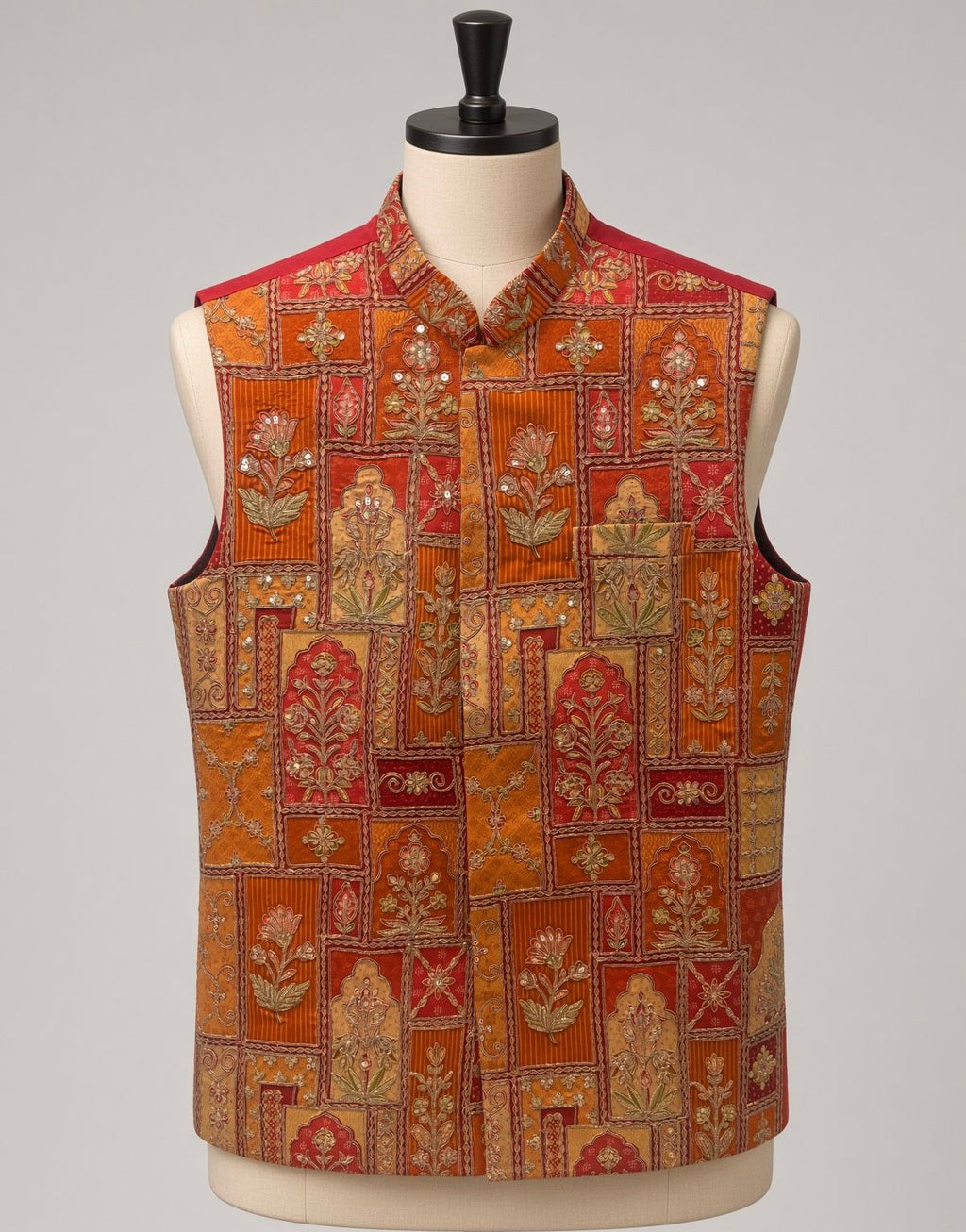 Sabhyashree Men's Rust Orange Mughal Floral Printed Silk Bandi Jacket SS-BD-1020