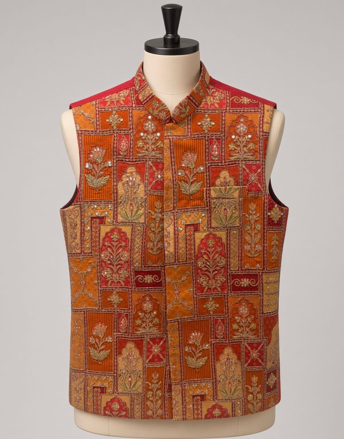 Sabhyashree Men's Rust Orange Mughal Floral Printed Silk Bandi Jacket SS-BD-1020