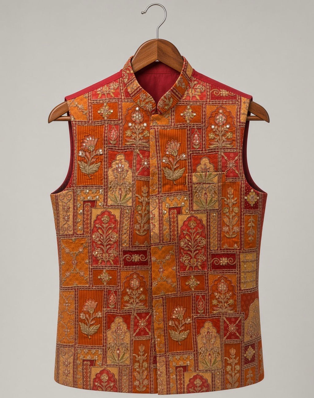 Sabhyashree Men's Rust Orange Mughal Floral Printed Silk Bandi Jacket SS-BD-1020