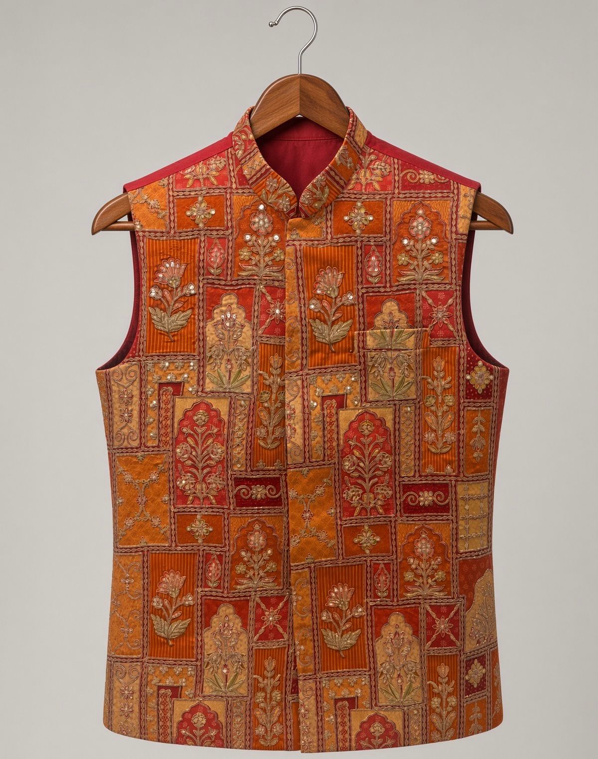 Sabhyashree Men's Rust Orange Mughal Floral Printed Silk Bandi Jacket SS-BD-1020