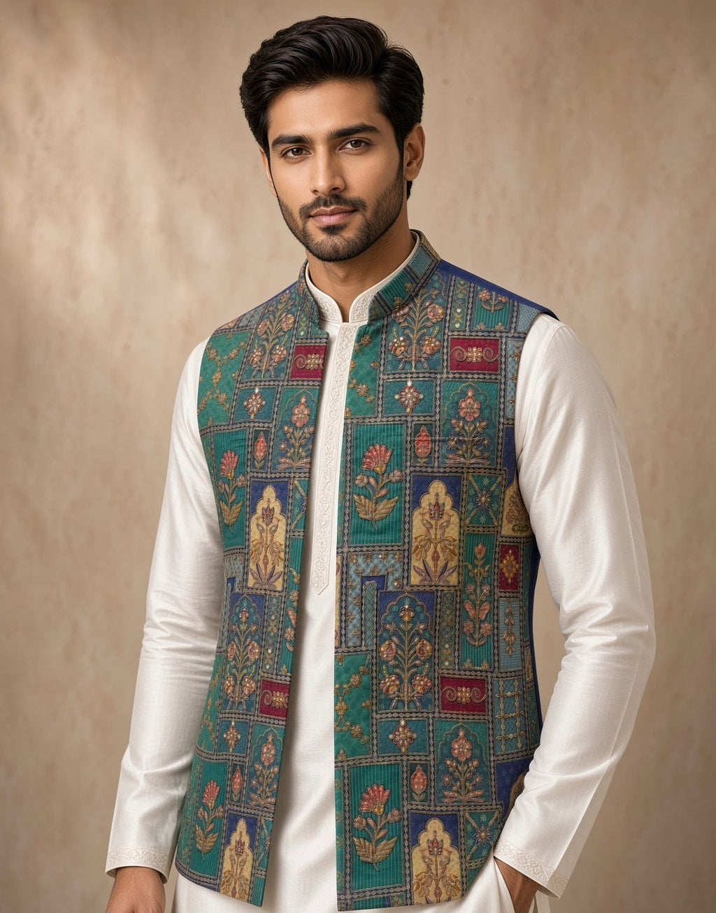 Sabhyashree Men's Teal Green Mughal Floral Printed Silk Bandi Jacket SS-BD-1021