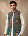 Sabhyashree Men's Teal Green Mughal Floral Printed Silk Bandi Jacket SS-BD-1021