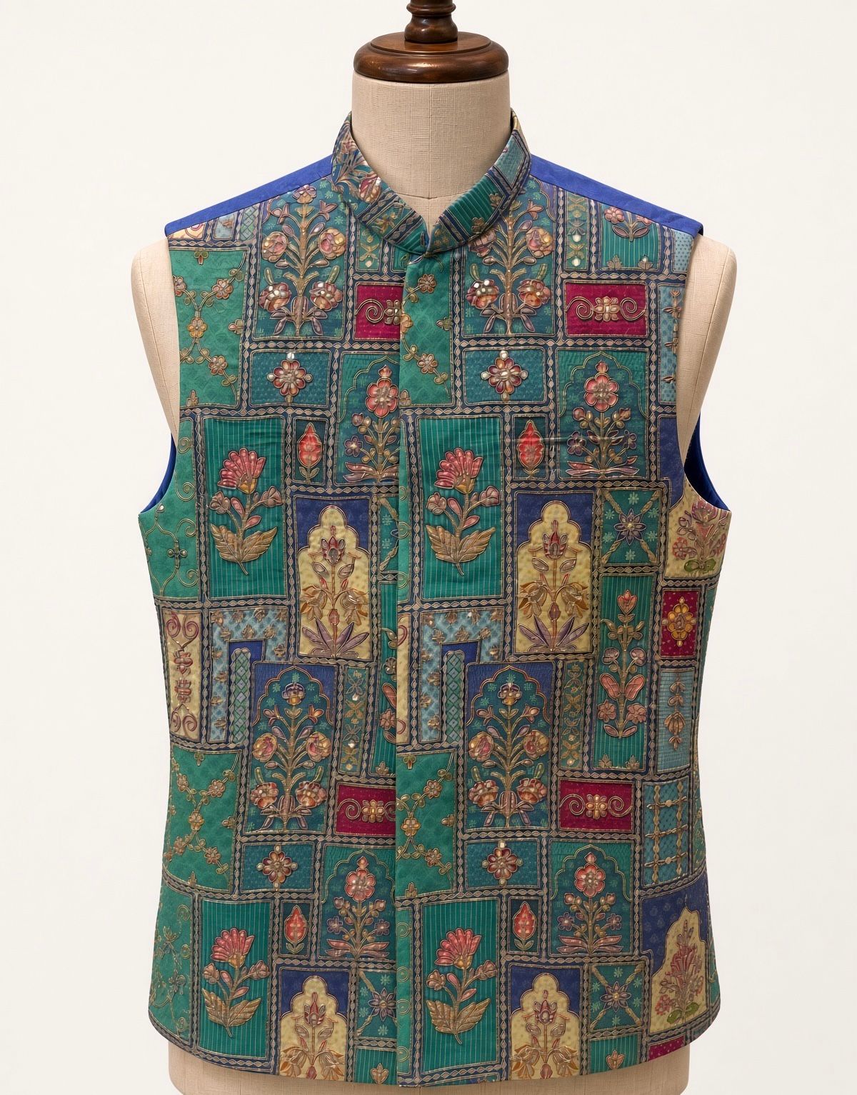 Sabhyashree Men's Teal Green Mughal Floral Printed Silk Bandi Jacket SS-BD-1021