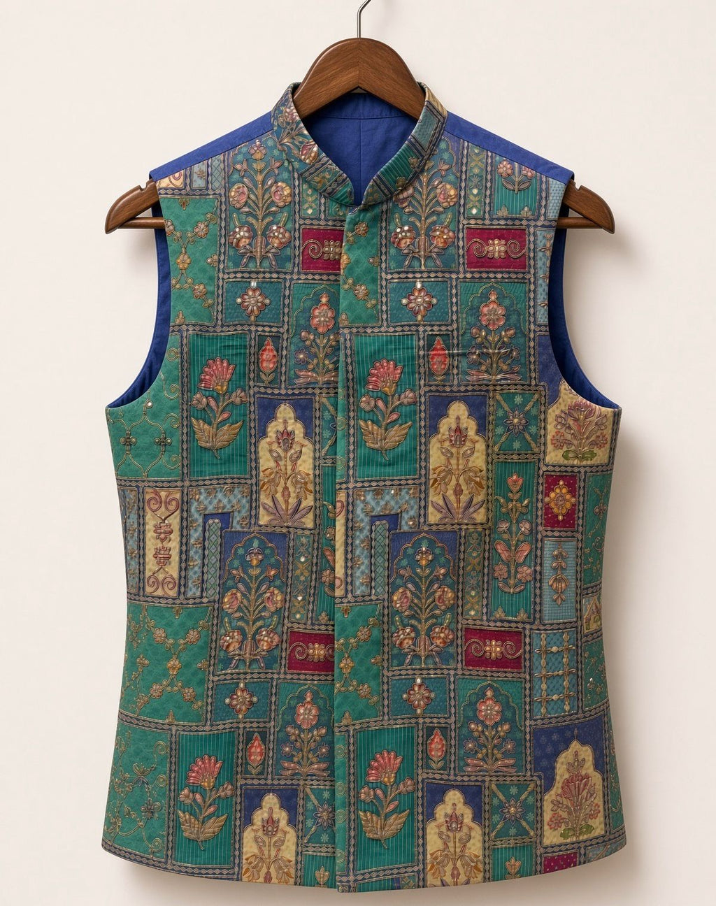 Sabhyashree Men's Teal Green Mughal Floral Printed Silk Bandi Jacket SS-BD-1021