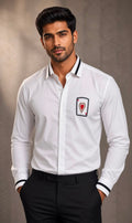 Sabhyashree Men's White Cotton Shirt with Ace of Hearts Embroidery