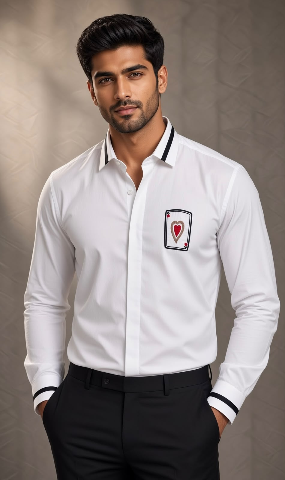 Sabhyashree Men's White Cotton Shirt with Ace of Hearts Embroidery