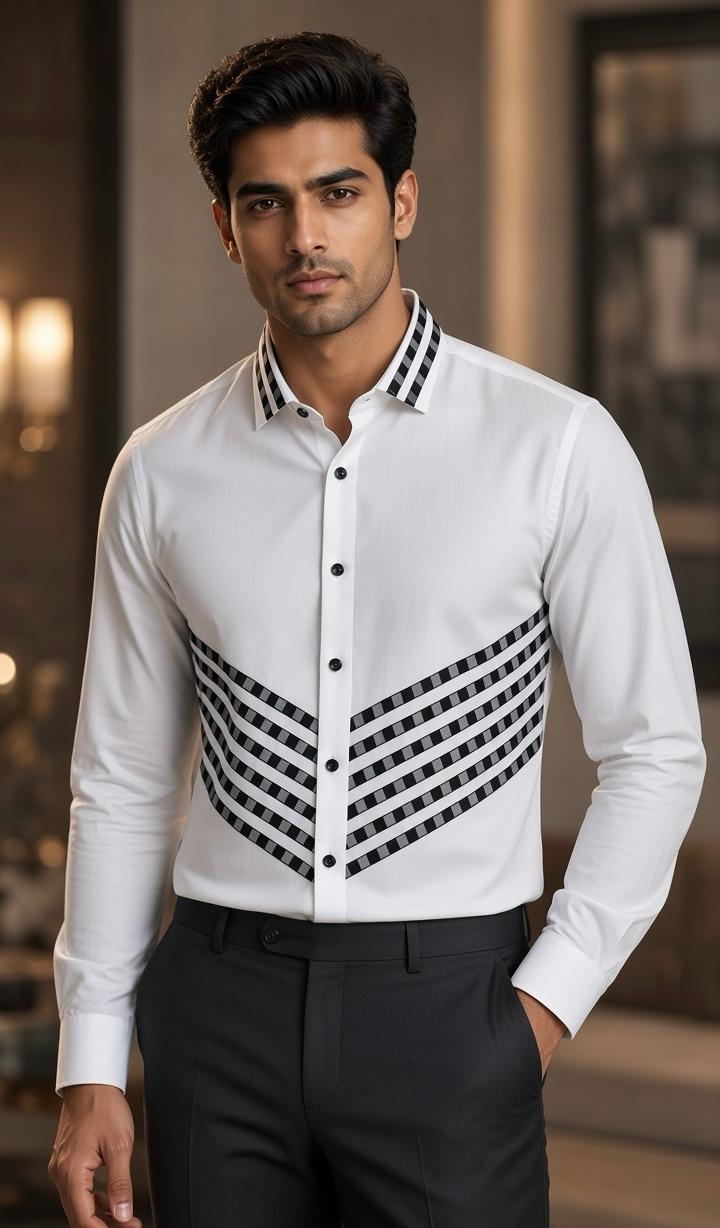 Sabhyashree Men's White Cotton Shirt with Geometric Chevron Panel