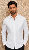 Sabhyashree Men's White Cotton Shirt with Pleated Bib Panel