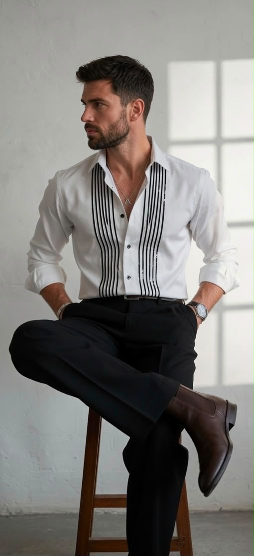Sabhyashree Men's White Cotton Shirt with Vertical Striped Panel