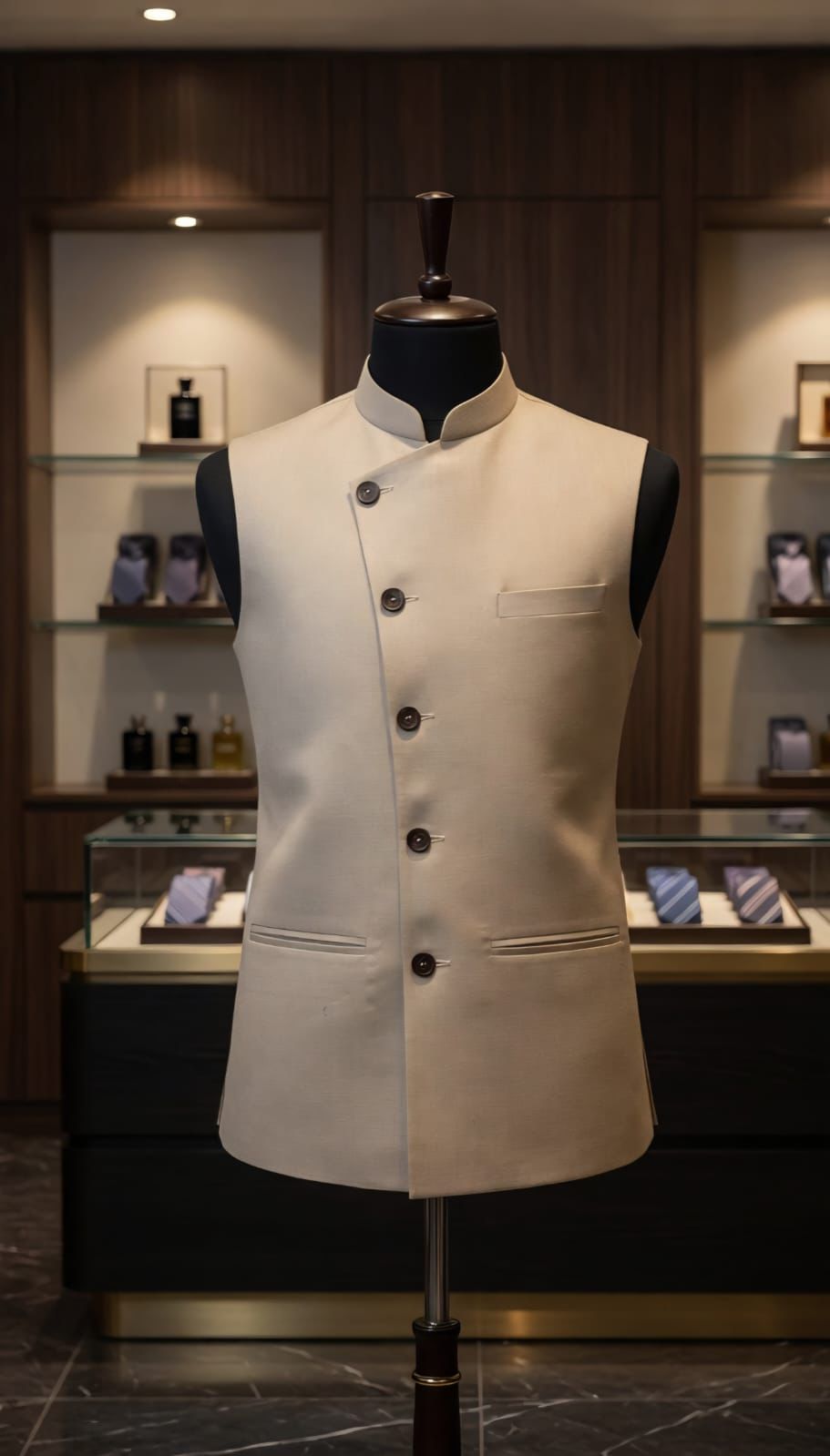Sabhyashree Men Beige Asymmetric Solid Linen Bandi Nehru Jacket