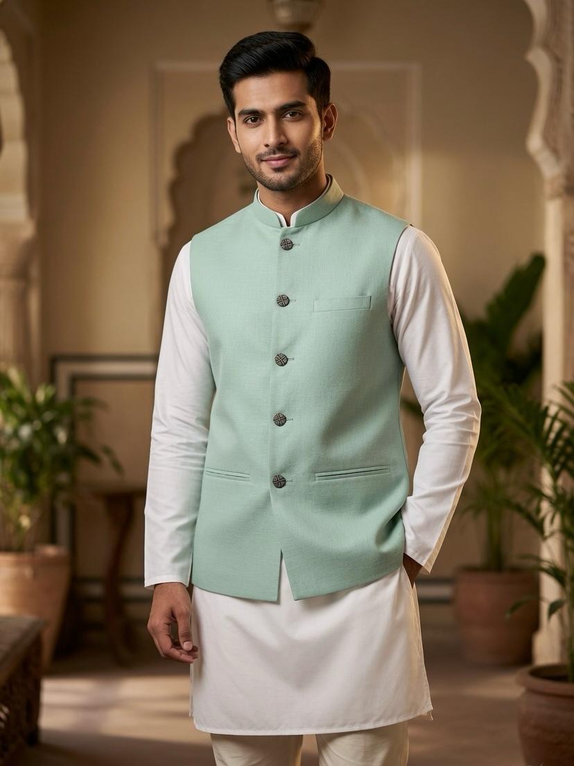 Sabhyashree Men Mint Green Solid Linen Bandi Nehru Jacket
