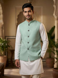 Sabhyashree Men Mint Green Solid Linen Bandi Nehru Jacket
