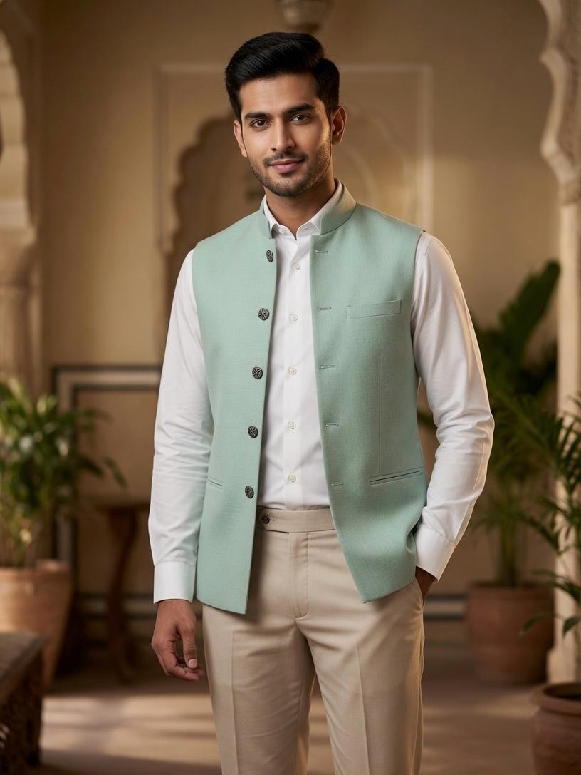 Sabhyashree Men Mint Green Solid Linen Bandi Nehru Jacket