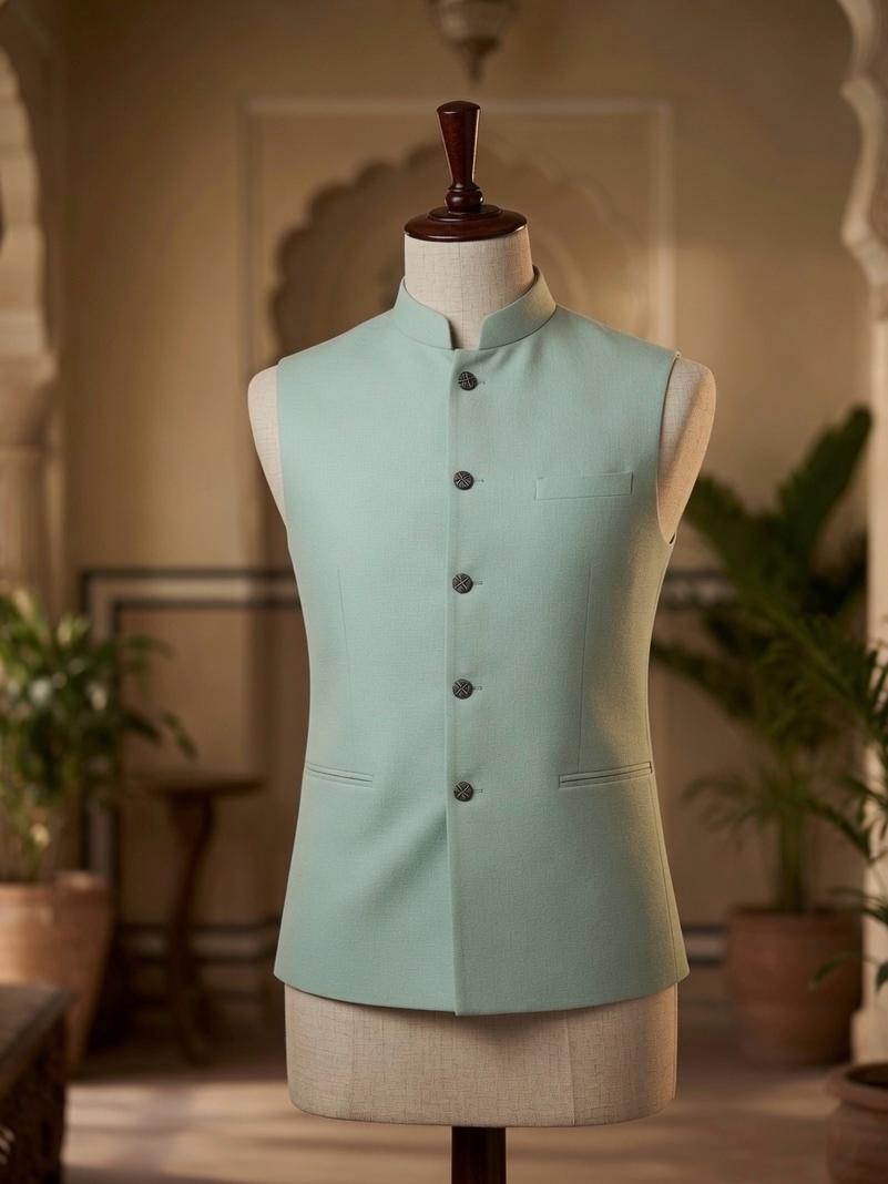 Sabhyashree Men Mint Green Solid Linen Bandi Nehru Jacket