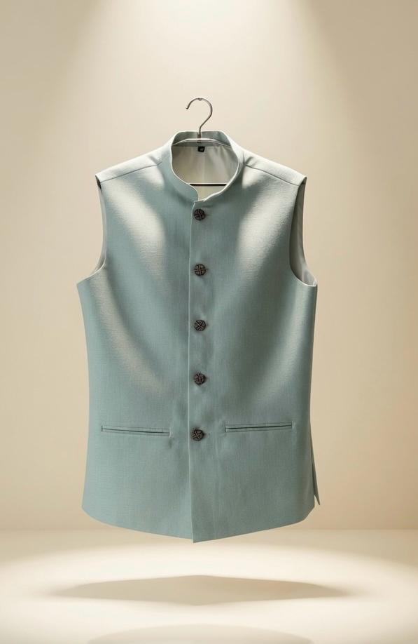 Sabhyashree Men Mint Green Solid Linen Bandi Nehru Jacket