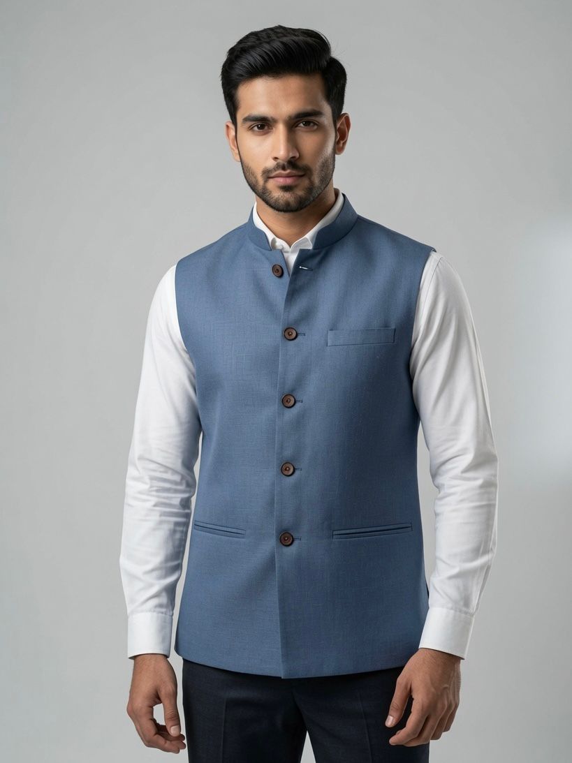 Sabhyashree Men Blue Solid Linen Bandi Nehru Jacket