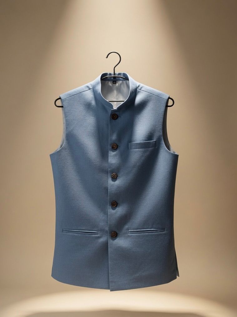 Sabhyashree Men Blue Solid Linen Bandi Nehru Jacket