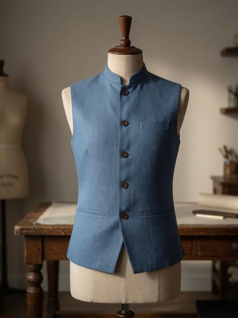 Sabhyashree Men Blue Solid Linen Bandi Nehru Jacket