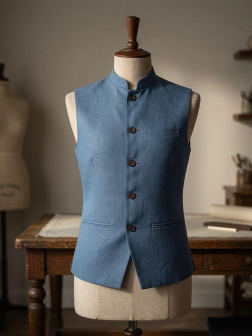 Sabhyashree Men Blue Solid Linen Bandi Nehru Jacket
