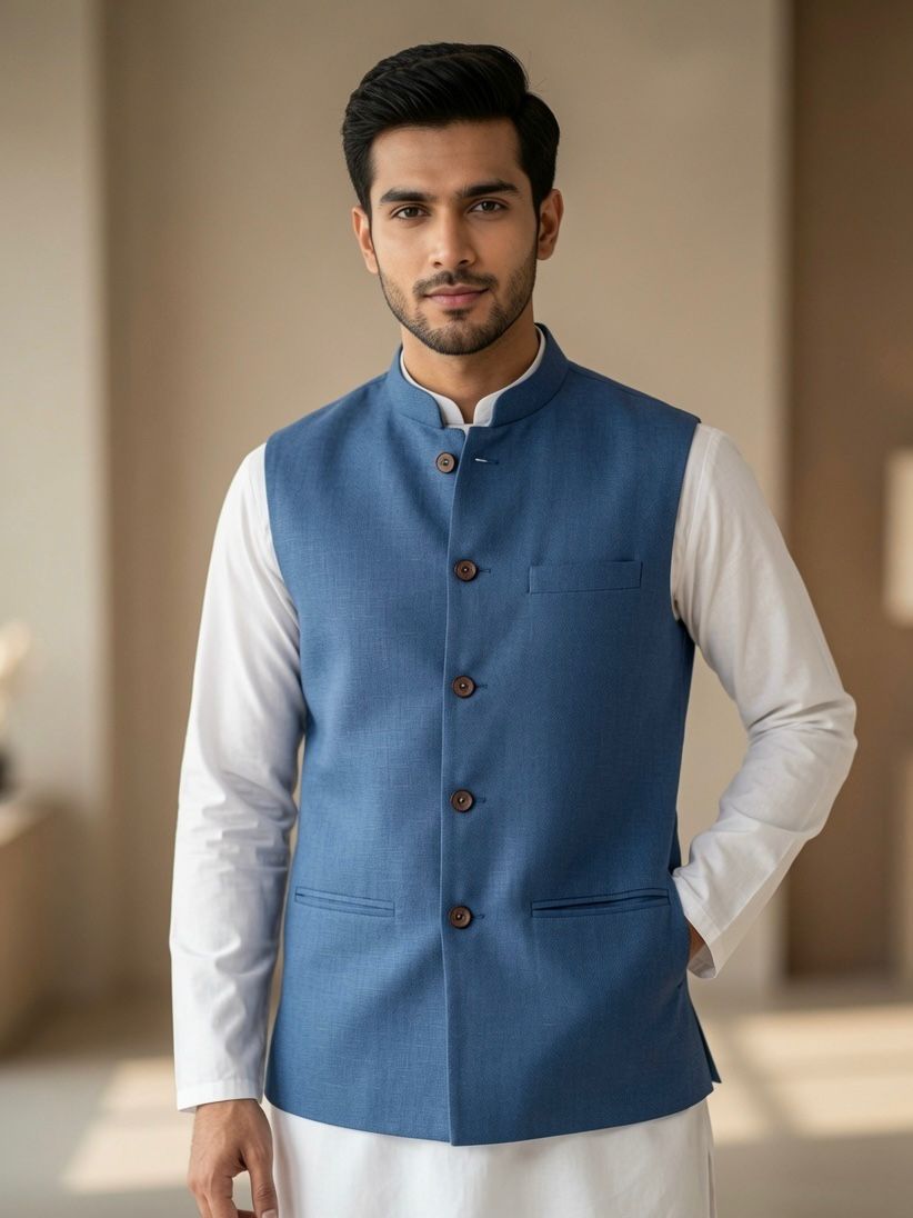 Sabhyashree Men Blue Solid Linen Bandi Nehru Jacket