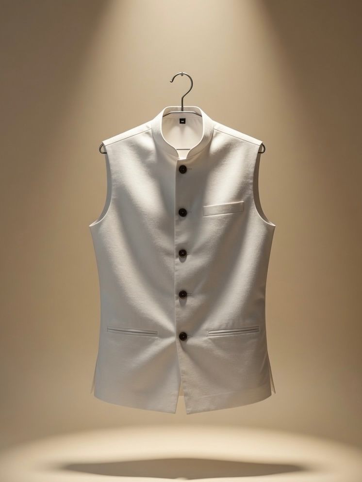 Sabhyashree Men Off-White Solid Linen Bandi Nehru Jacket