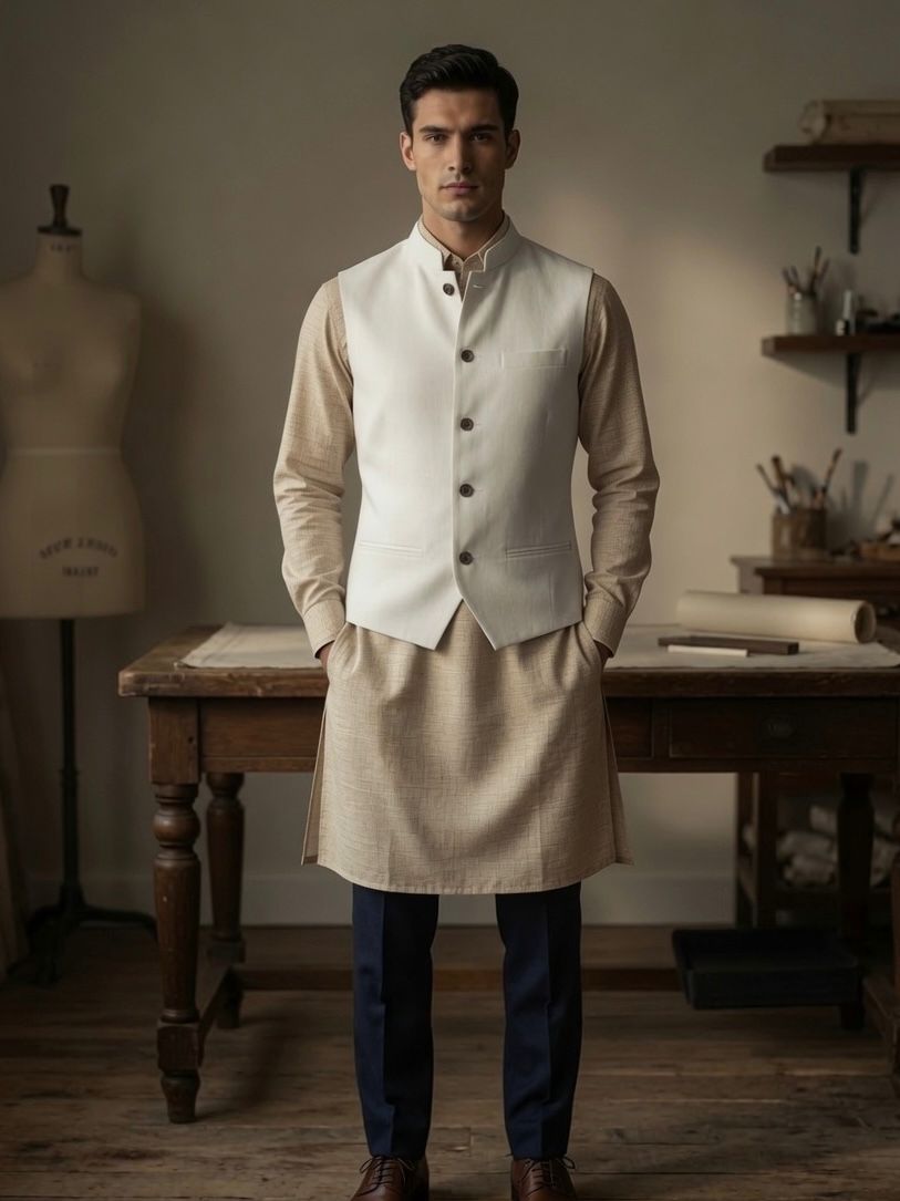 Sabhyashree Men Off-White Solid Linen Bandi Nehru Jacket