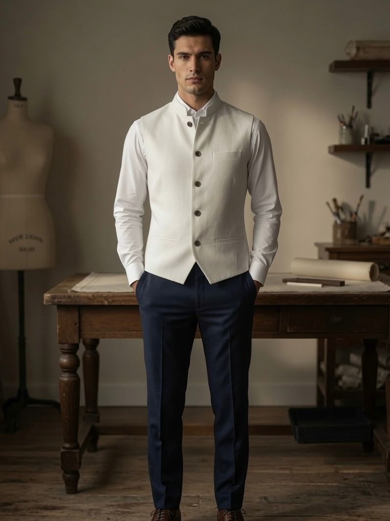Sabhyashree Men Off-White Solid Linen Bandi Nehru Jacket
