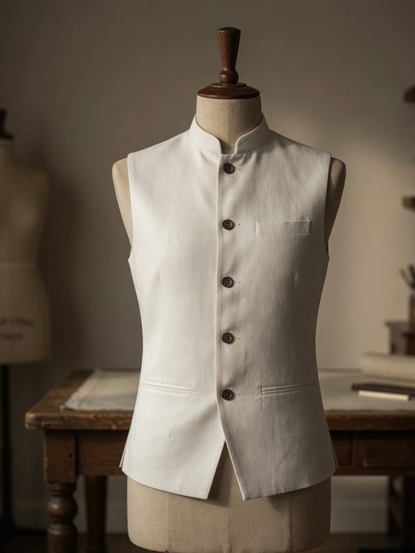 Sabhyashree Men Off-White Solid Linen Bandi Nehru Jacket