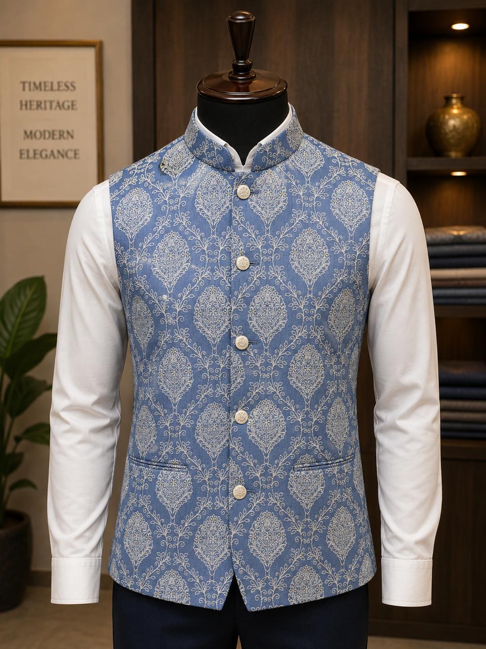 Sabhyashree Powder Blue Silk Nehru Jacket with Woven Motif Embroidery