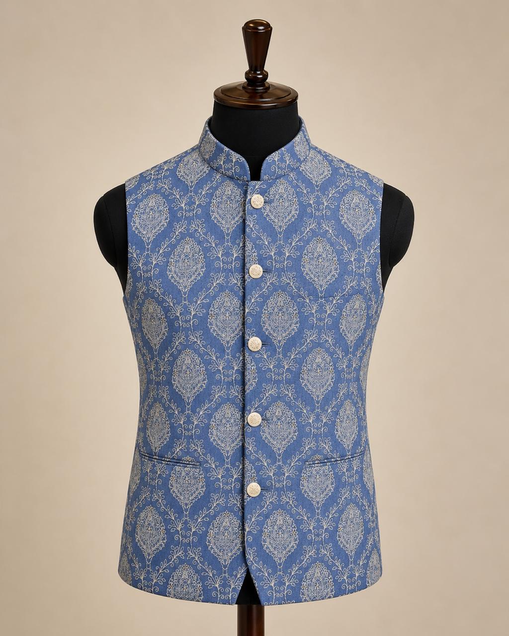 Sabhyashree Powder Blue Silk Nehru Jacket with Woven Motif Embroidery