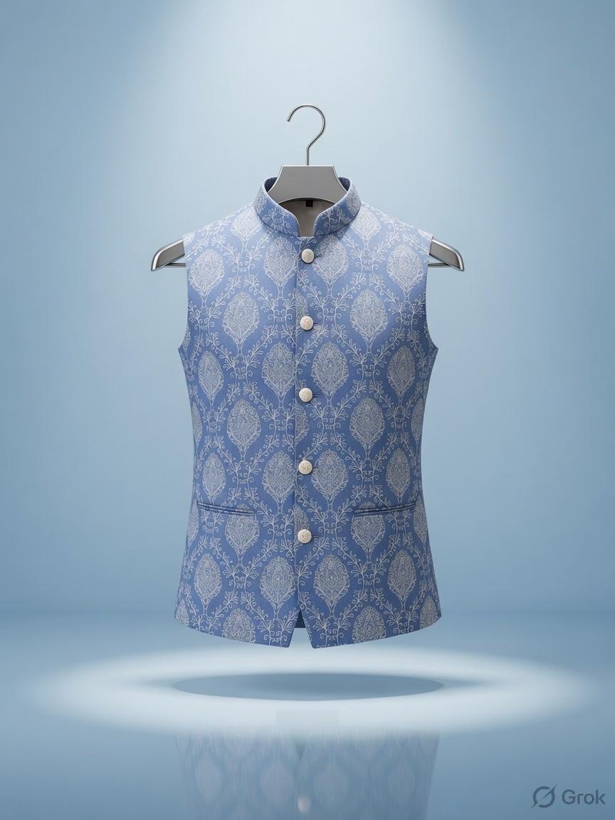 Sabhyashree Powder Blue Silk Nehru Jacket with Woven Motif Embroidery