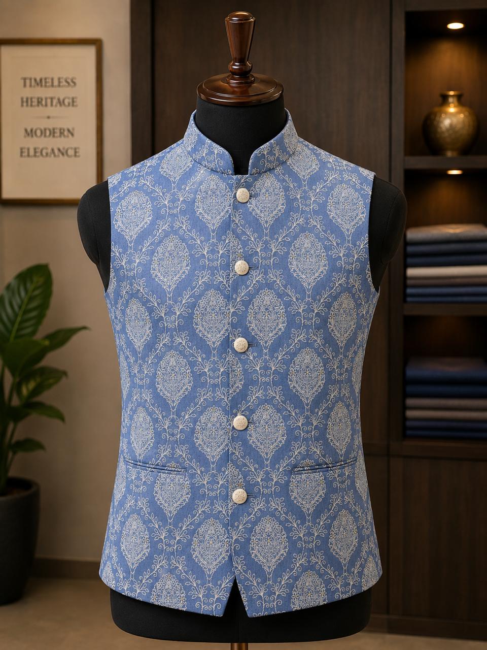 Sabhyashree Powder Blue Silk Nehru Jacket with Woven Motif Embroidery