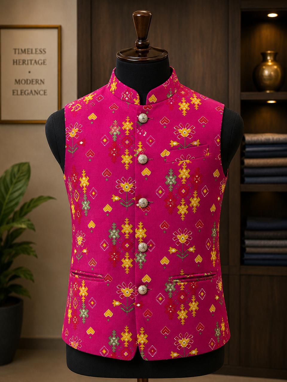 Sabhyashree Men Magenta Pink Silk Printed Nehru Jacket