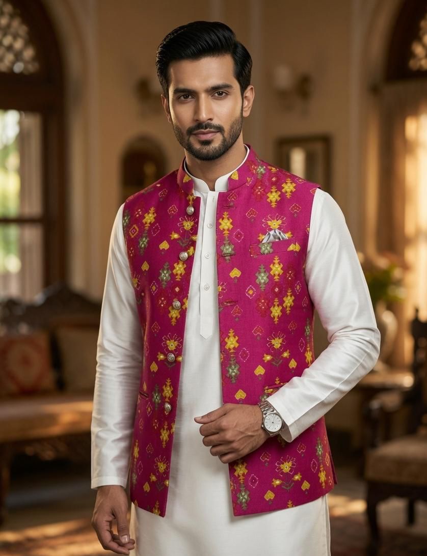 Sabhyashree Men Magenta Pink Silk Printed Nehru Jacket