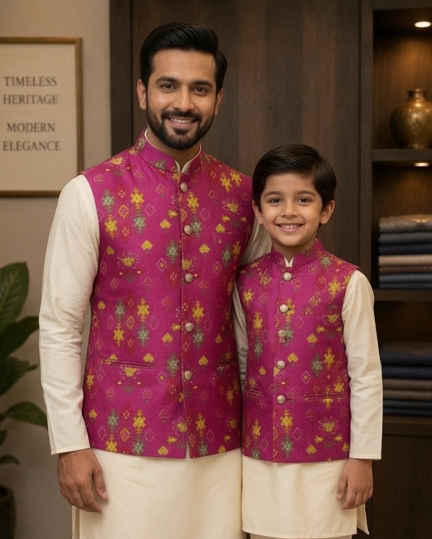 Sabhyashree Men Magenta Pink Silk Printed Nehru Jacket