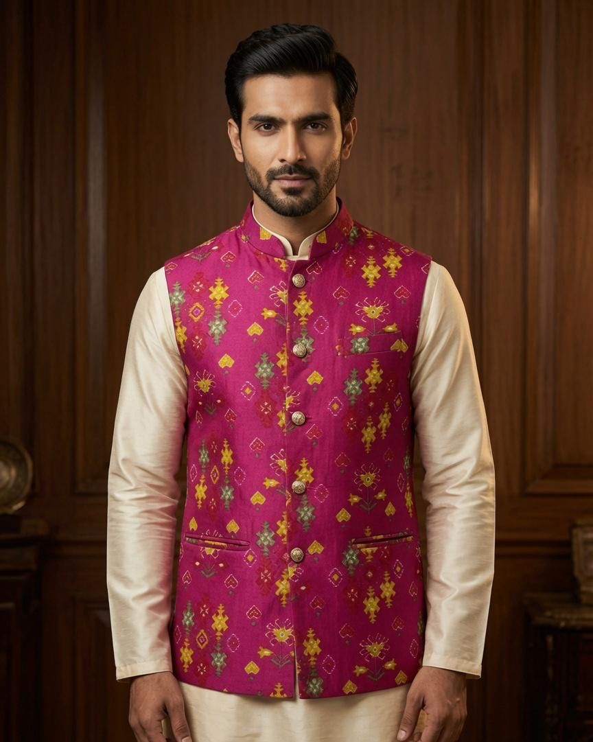 Sabhyashree Men Magenta Pink Silk Printed Nehru Jacket