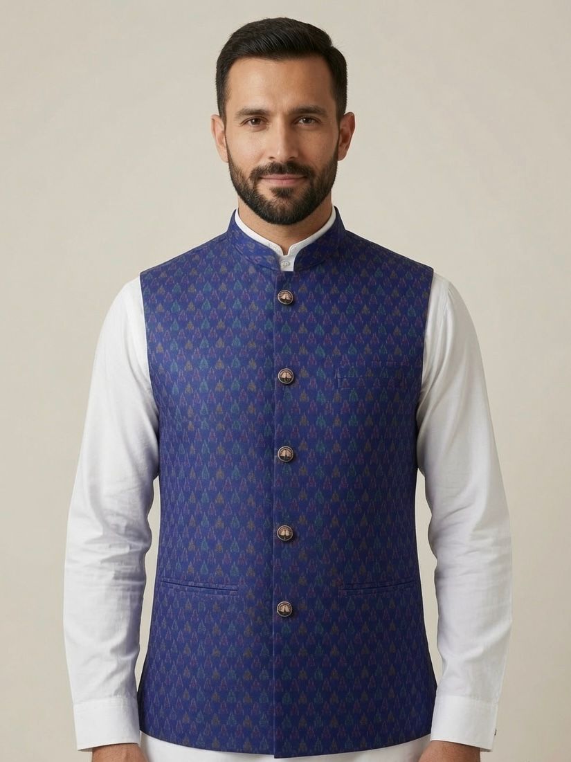 Sabhyashree Men Royal Blue Ikat Silk Nehru Jacket
