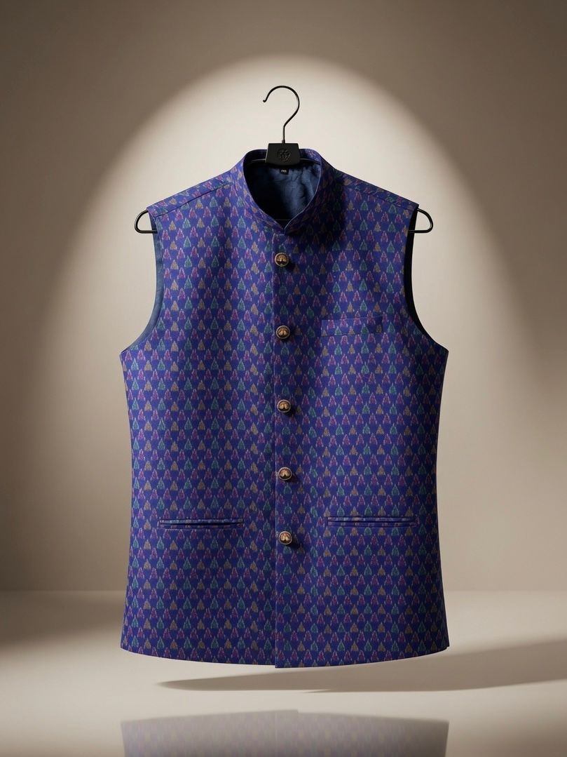 Sabhyashree Men Royal Blue Ikat Silk Nehru Jacket