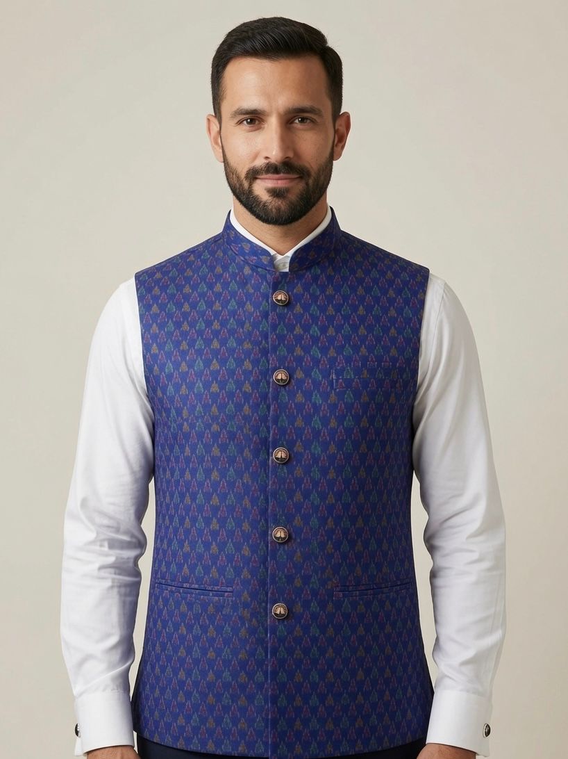 Sabhyashree Men Royal Blue Ikat Silk Nehru Jacket