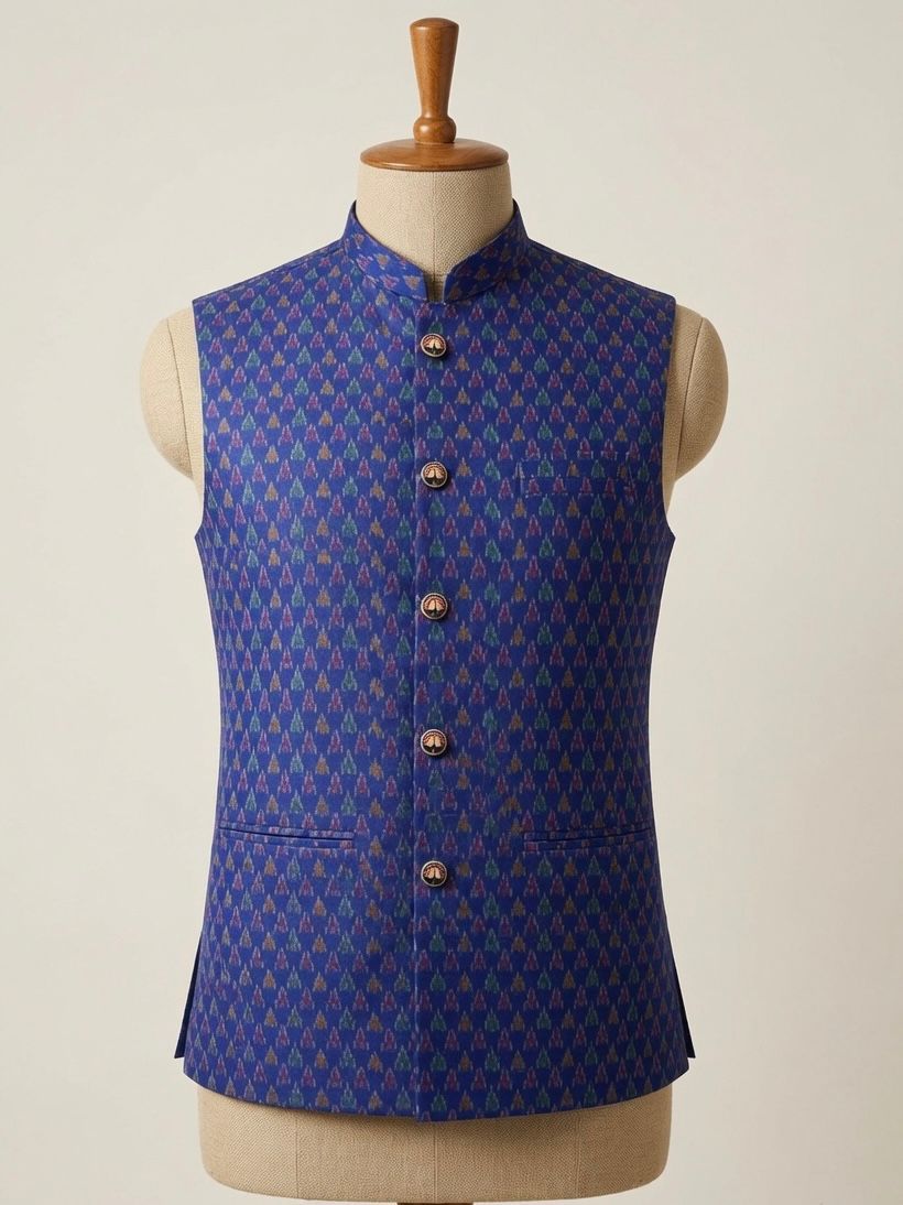 Sabhyashree Men Royal Blue Ikat Silk Nehru Jacket