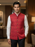 Sabhyashree Men Crimson Red Ikat Silk Nehru Jacket