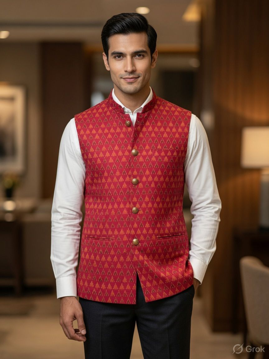 Sabhyashree Men Crimson Red Ikat Silk Nehru Jacket
