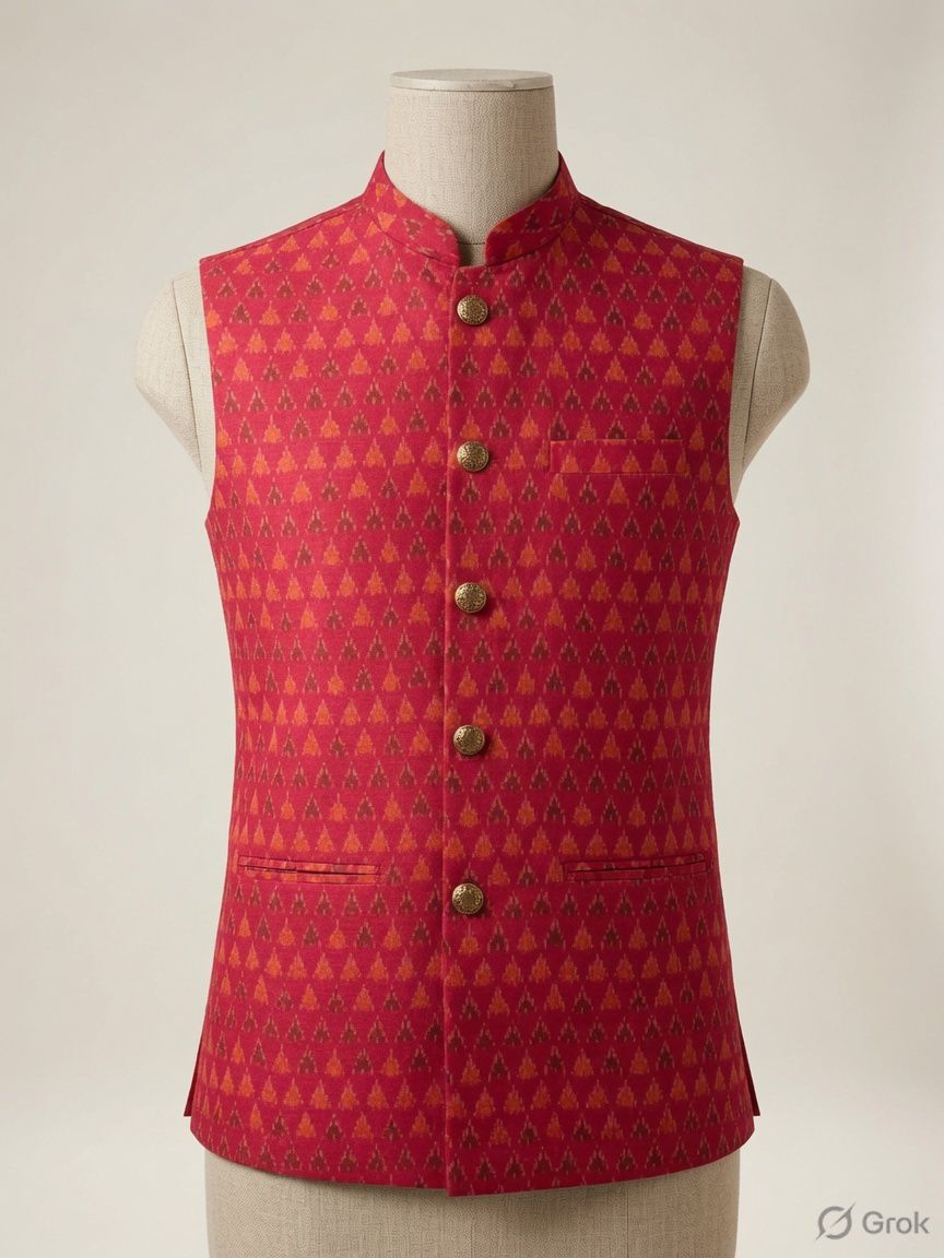 Sabhyashree Men Crimson Red Ikat Silk Nehru Jacket