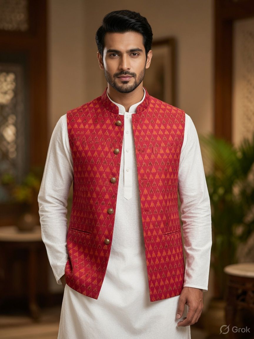 Sabhyashree Men Crimson Red Ikat Silk Nehru Jacket