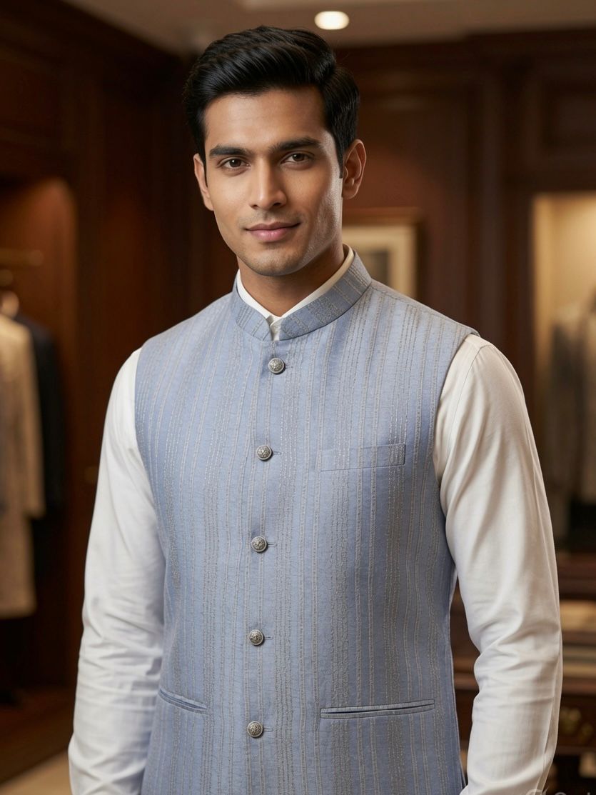 A man wearing Sabhyashree light blue-gray textured waistcoat over a white long-sleeve shirt, standing in a warm, dark wood-toned indoor setting.
