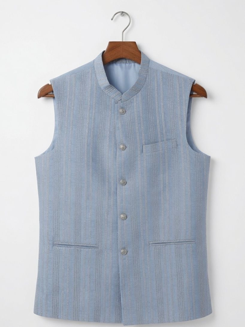 A man wearing Sabhyashree light blue sleeveless vest with a subtle vertical stripe pattern, featuring a mandarin collar, button closure, and a chest pocket, hanging on a wooden hanger against a plain white background.