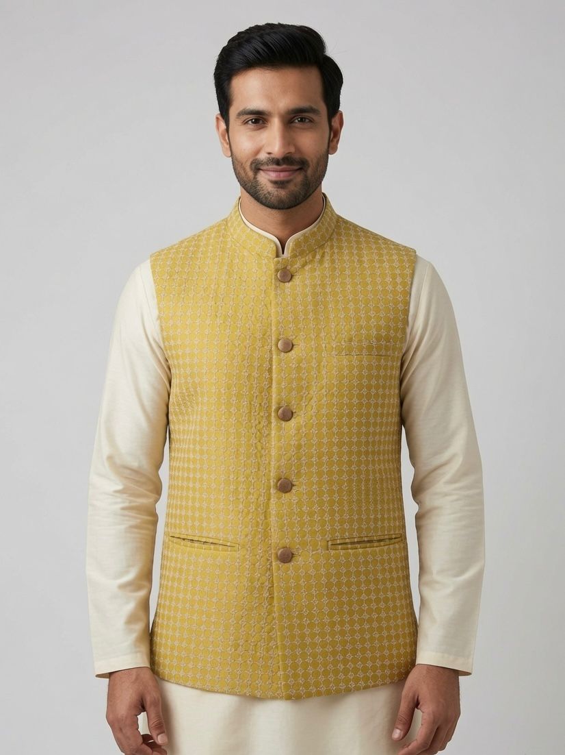 A man wearing Sabhyashree mustard yellow patterned Nehru jacket over cream-colored long-sleeve kurta pants, standing against a neutral gray studio background.