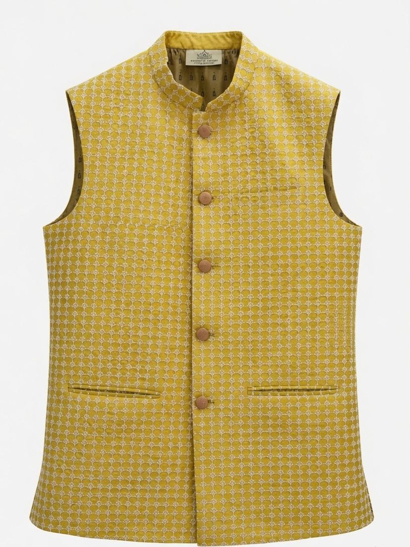 Sabhyashree Men Yellow Silk Embroidered Nehru Jacket