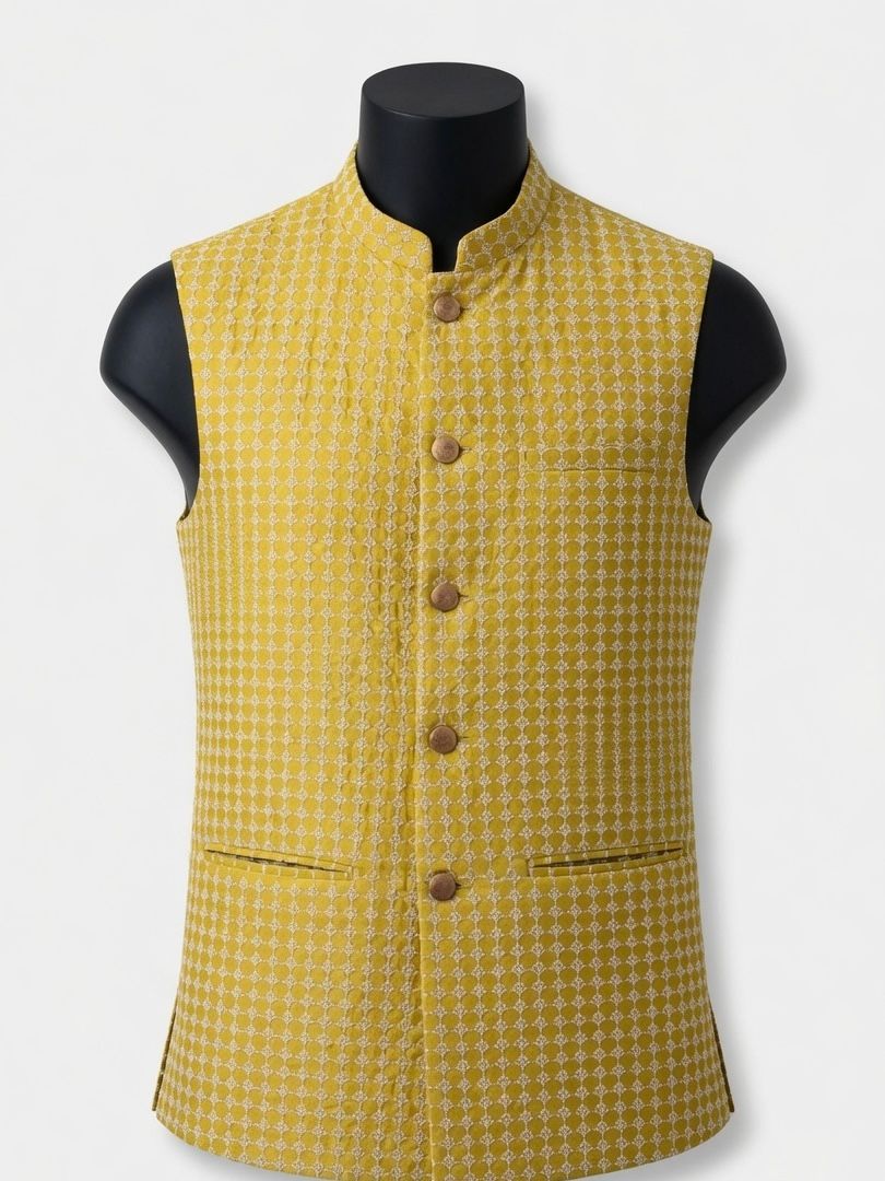 Sabhyashree Men Yellow Silk Embroidered Nehru Jacket